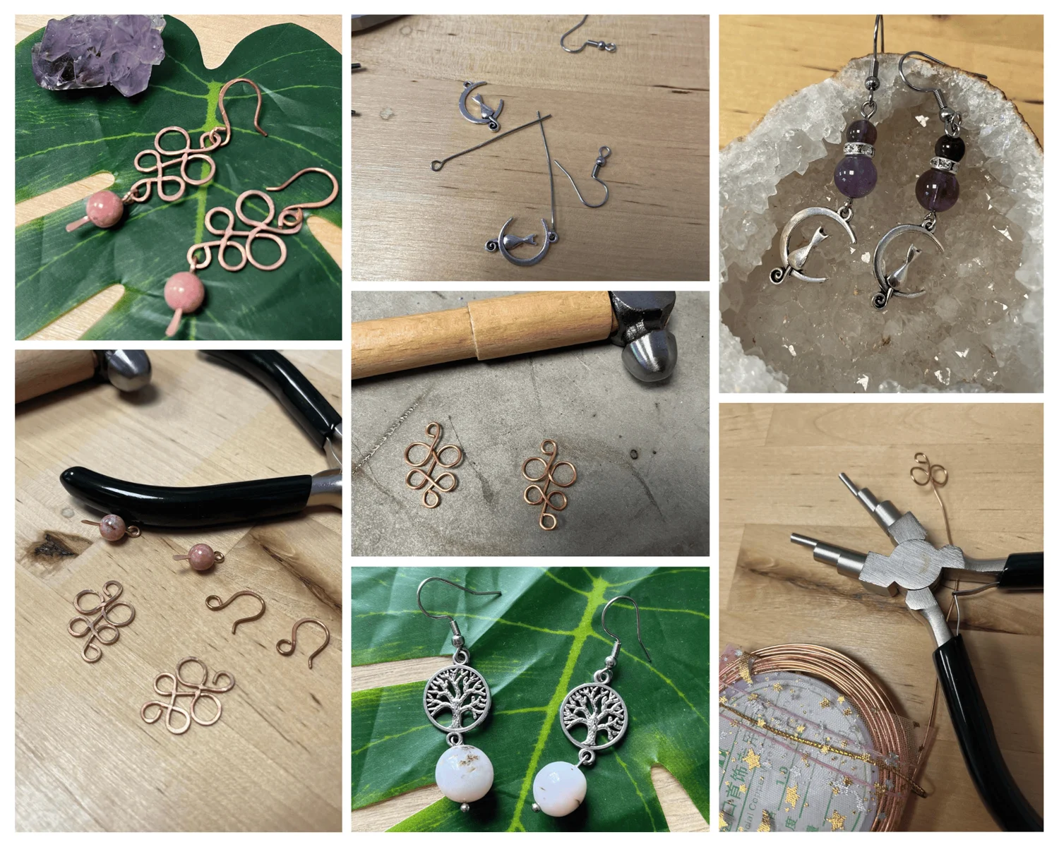 Outils, attaches et réalisations de l’atelier de création de boucles d’oreilles en pierres naturelles